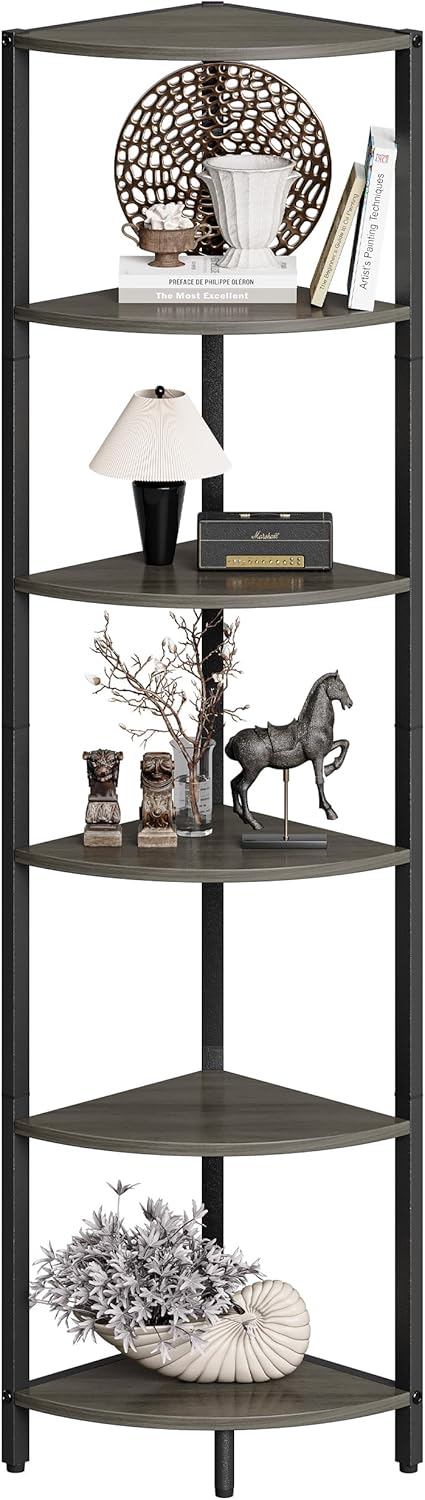 6 Tier Corner Shelf for Large Storage in Grey Woodgrain Finish
