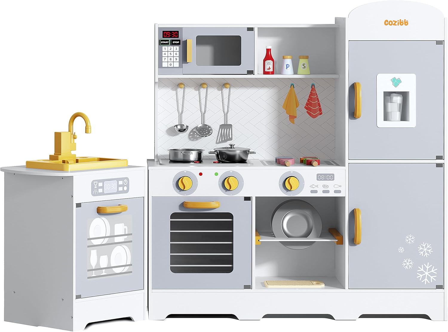 Wooden Play Kitchen Set with 21pcs Accessories - Lights & Sounds, CoziBB