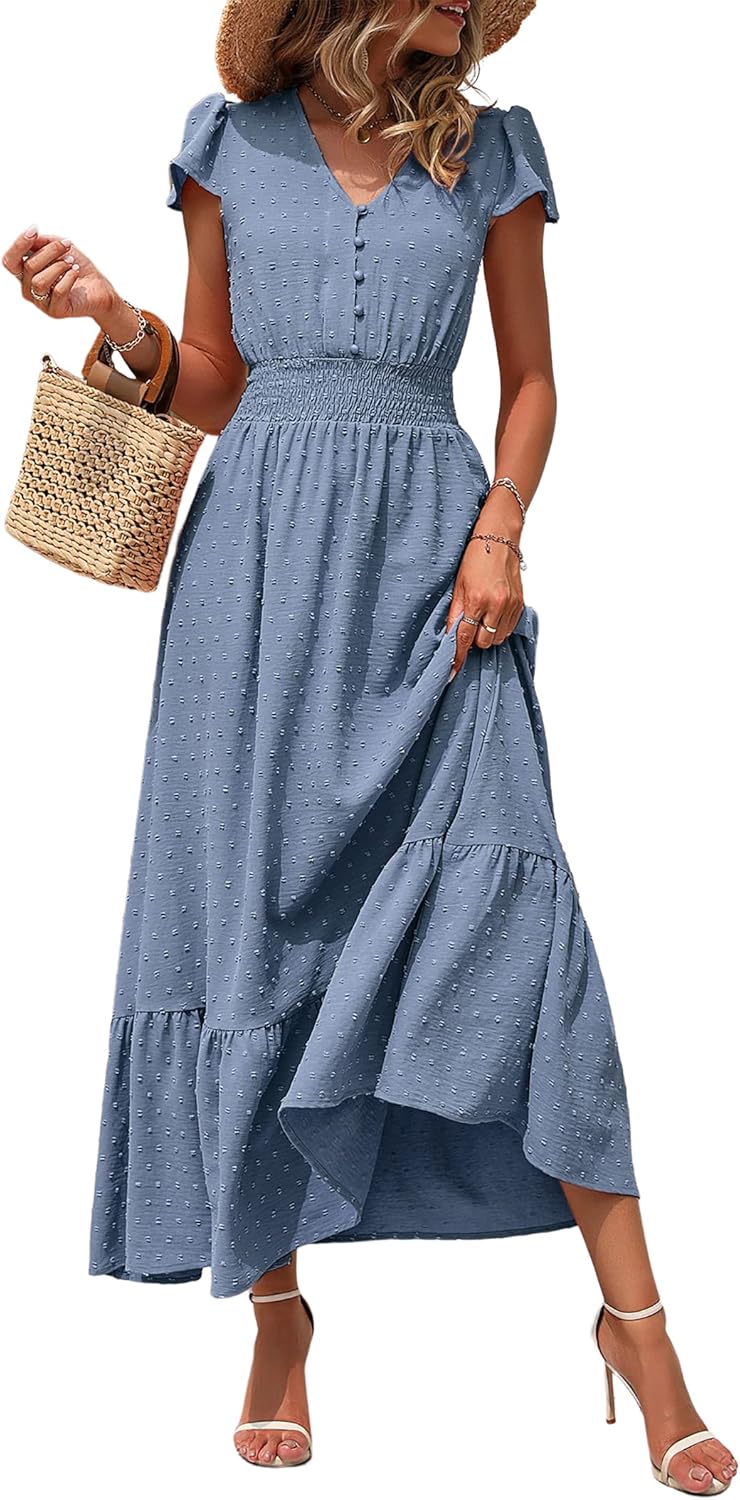 PRETTYGARDEN Womens Summer Maxi Dress Boho V Neck Ruffle Style