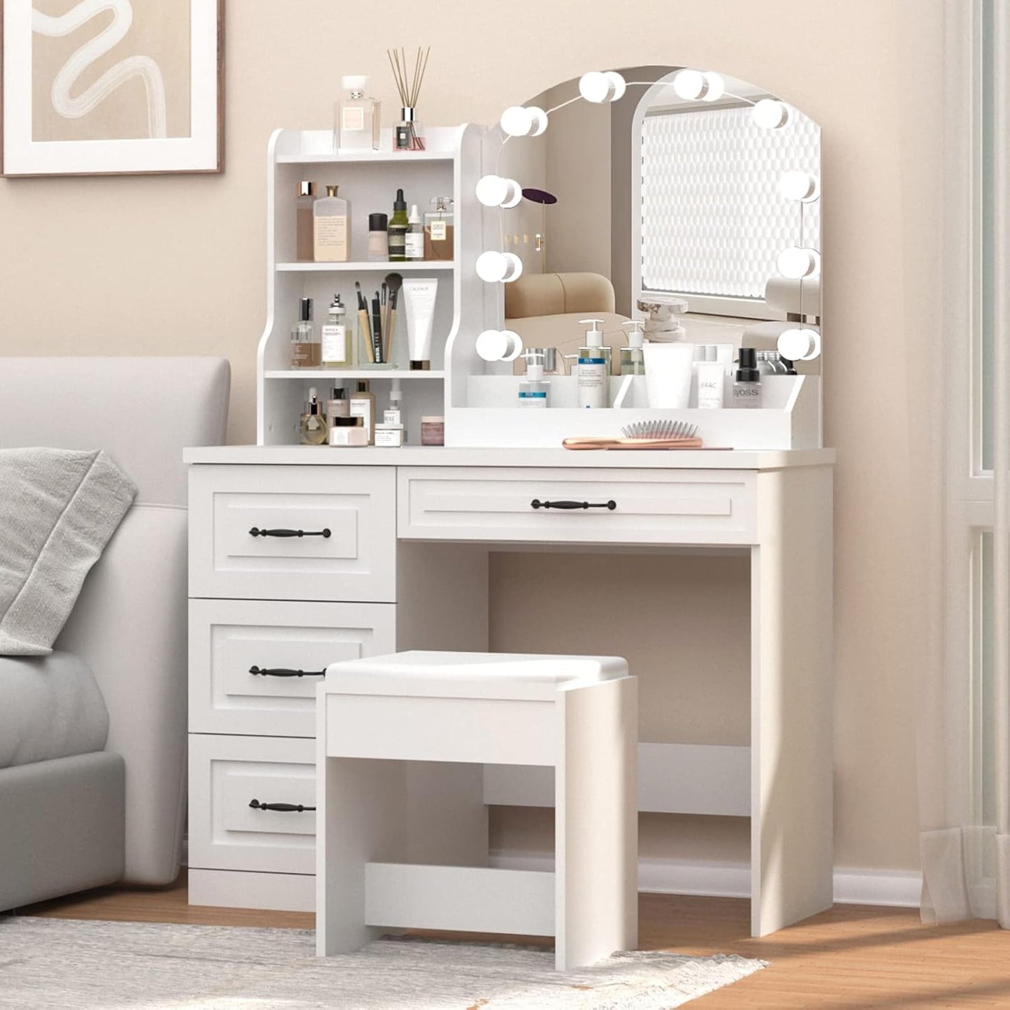 Vabches White Makeup Vanity Desk with Lights & Lots Storage