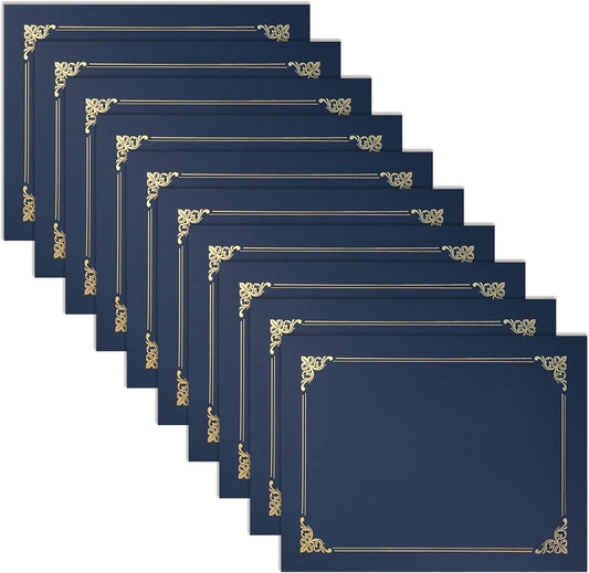 50 Pack Blue Certificate Holders by Better Office - Gold Foil Border