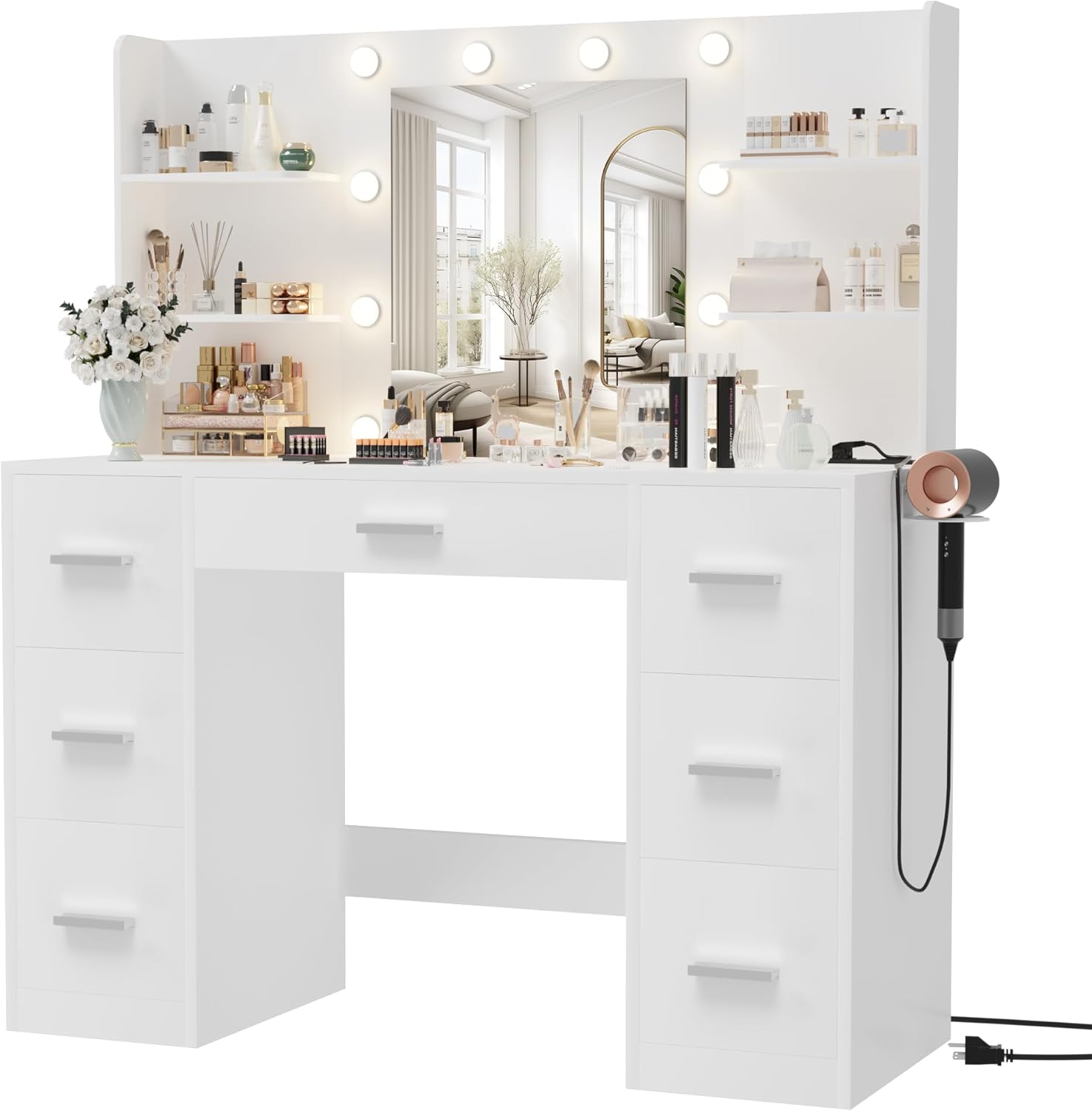 White Vanity Desk w/ LED Lights & Power Outlet - Organize in Style!