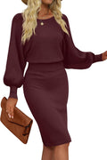 MIROL Women's Elegant Long Puff Sleeve Midi Bodycon Dress