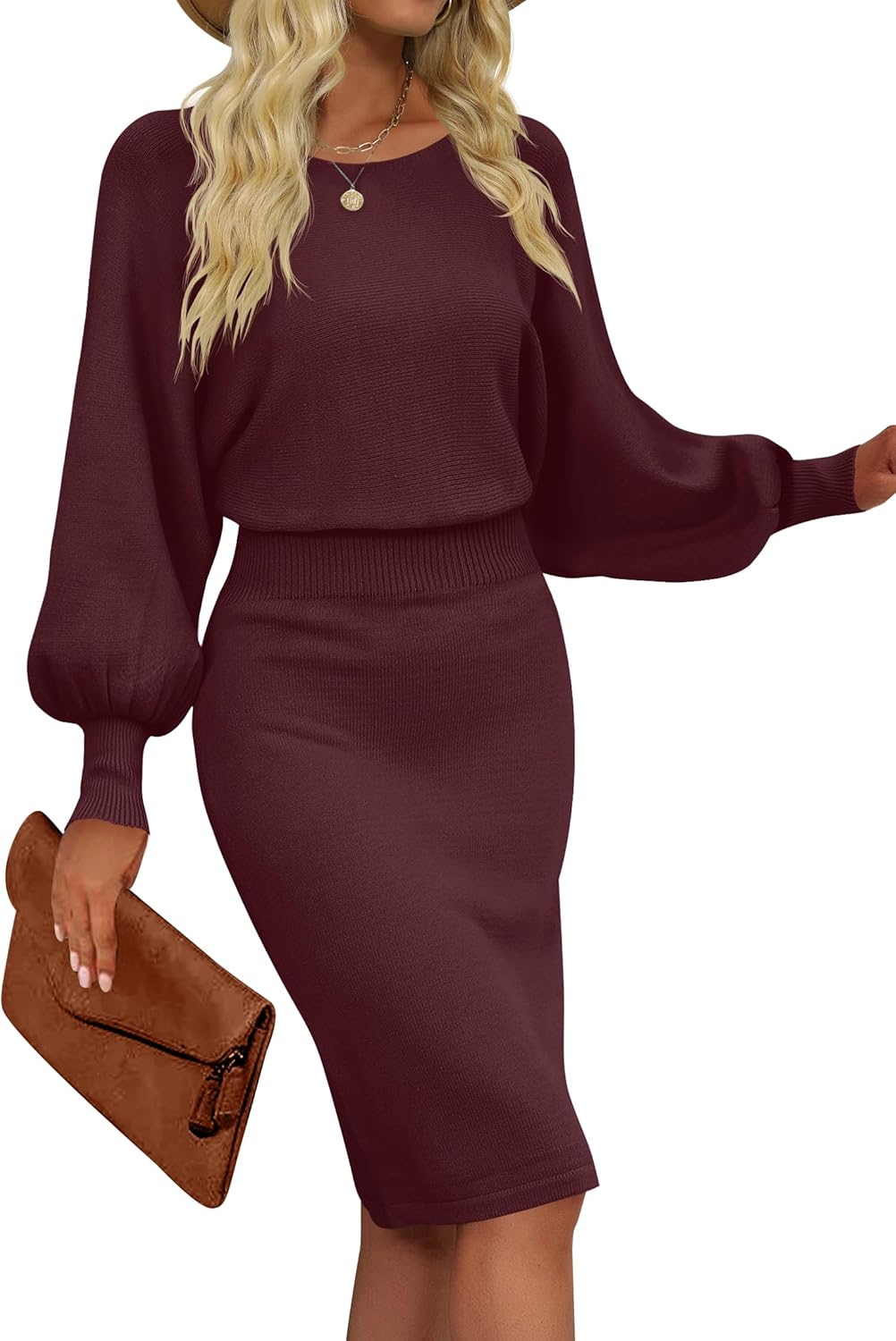 MIROL Women's Casual Long Puff Sleeve Bodycon Midi Dress