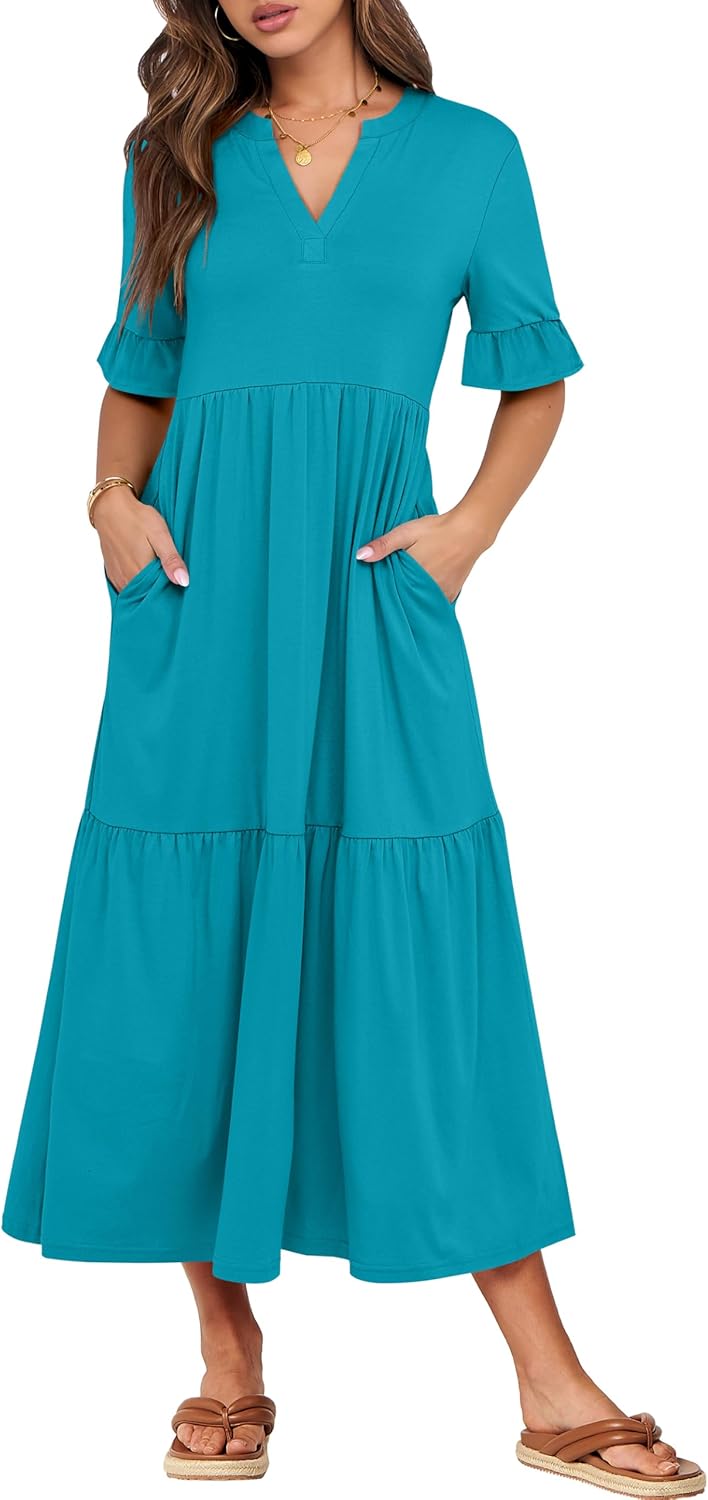 ANRABESS Women's Casual Summer Ruffle Short Sleeve Maxi Dress