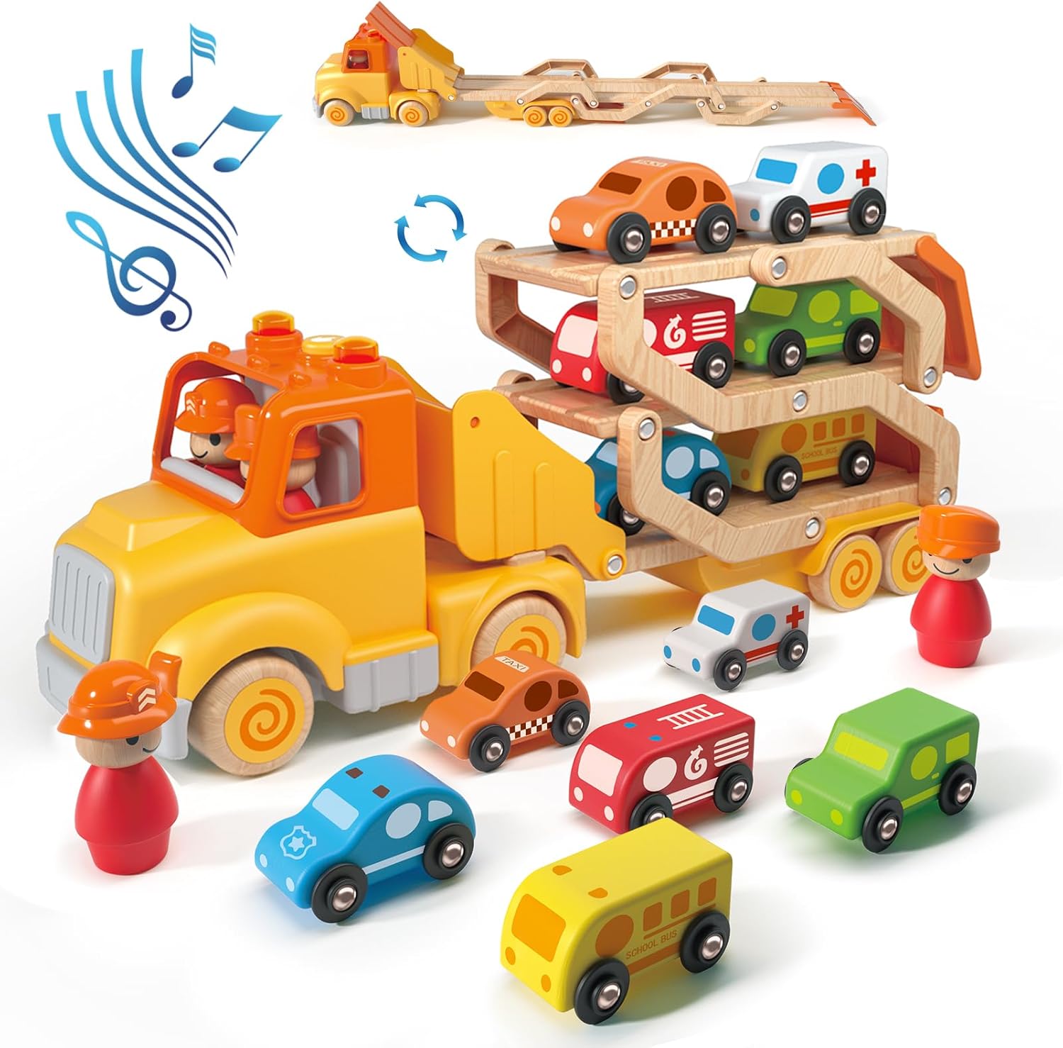 Toddler Toys Transport Car Carrier Truck with 6 Wooden Vehicles