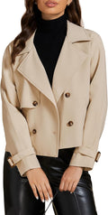 Cropped Trench Coat for Women Double Breasted Notched Lapel