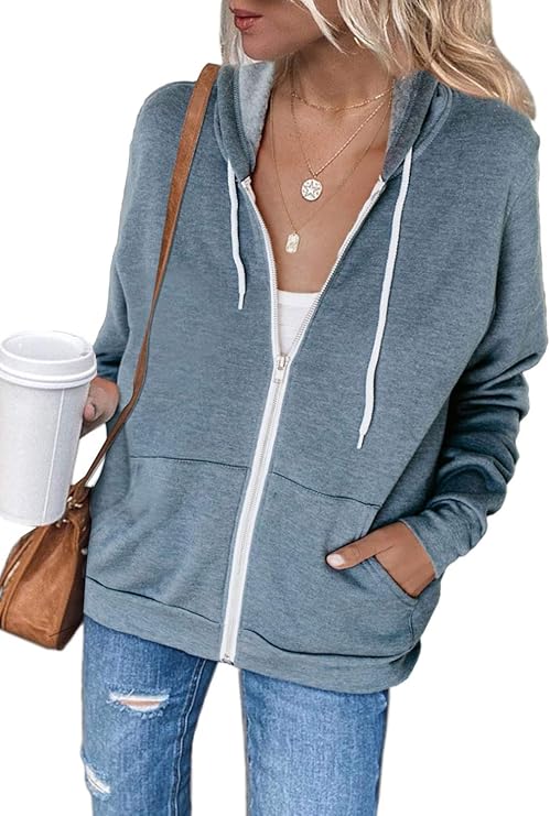 Acelitt Women Casual Long Sleeve Zip Up Hooded Sweatshirts