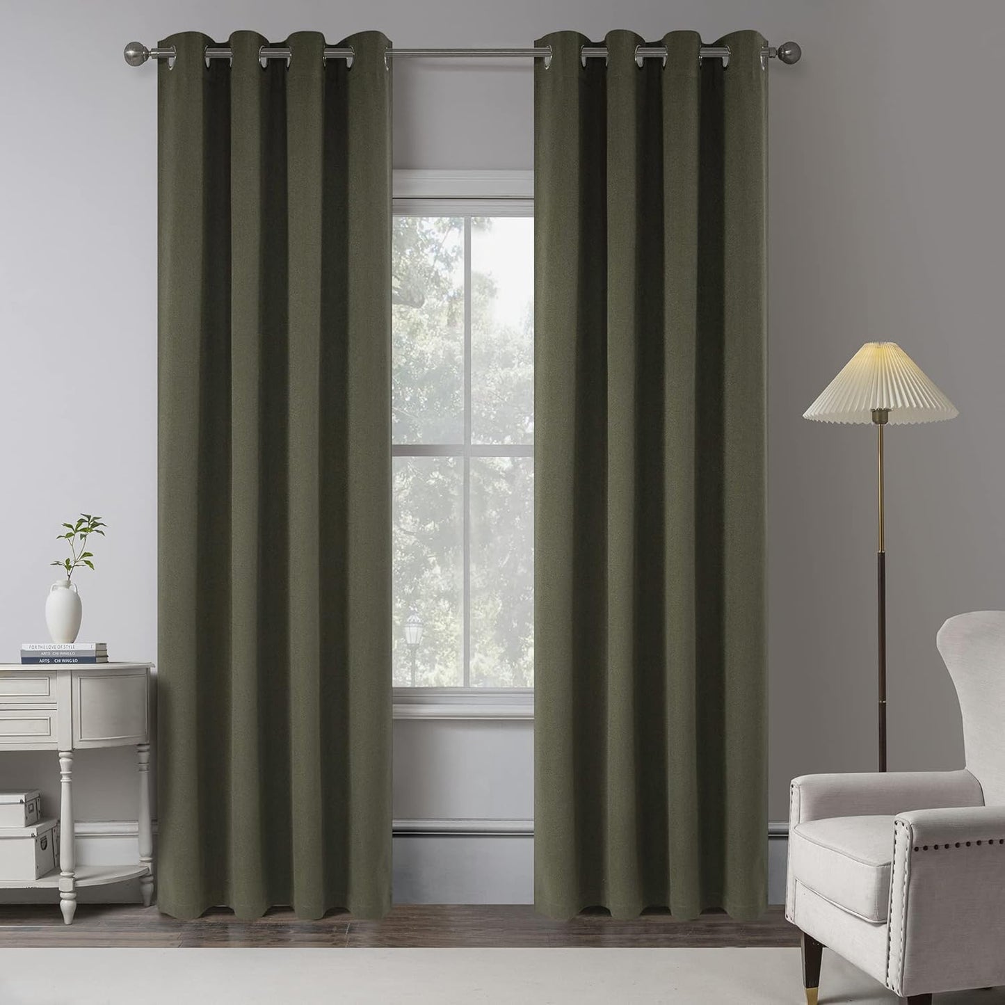 KEQIAOSUOCAI Olive Green 100% Blackout Linen Curtains 96 in