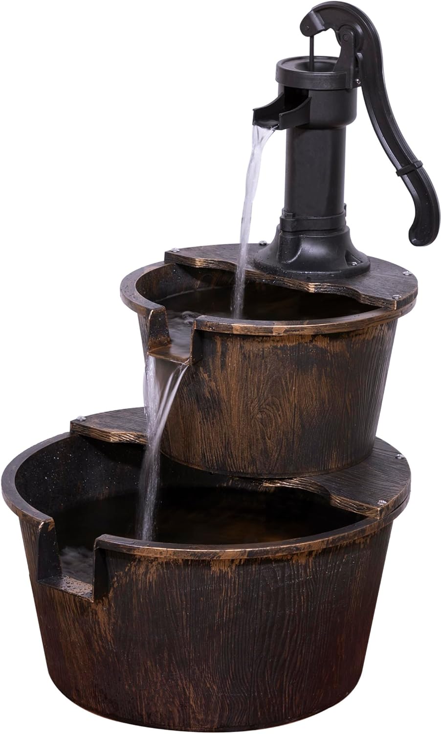 Alpine Corporation Rustic Outdoor 2-Tier Barrel Pump Water Fountain