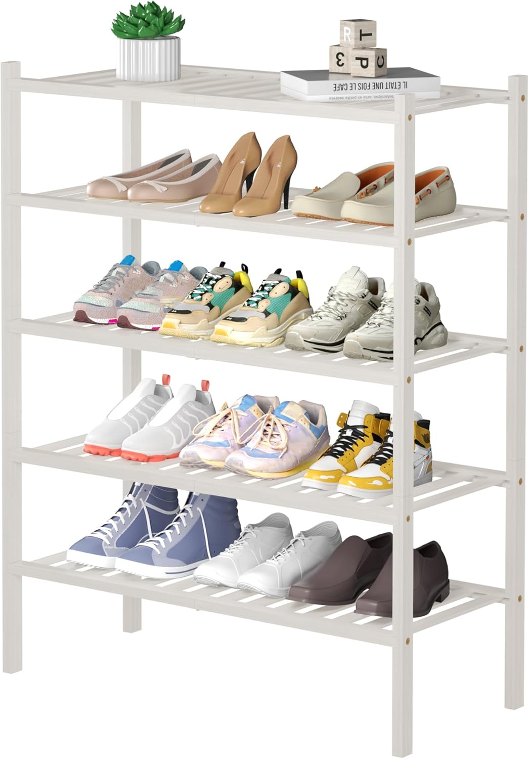 5 Tier Bamboo Shoe Rack for Closet - Stackable Wood Shelf