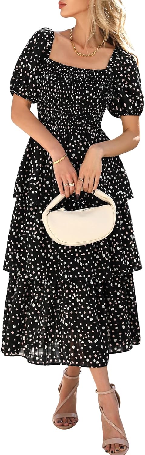 BTFBM Womens Square Neck Smocked Dress for Summer Events