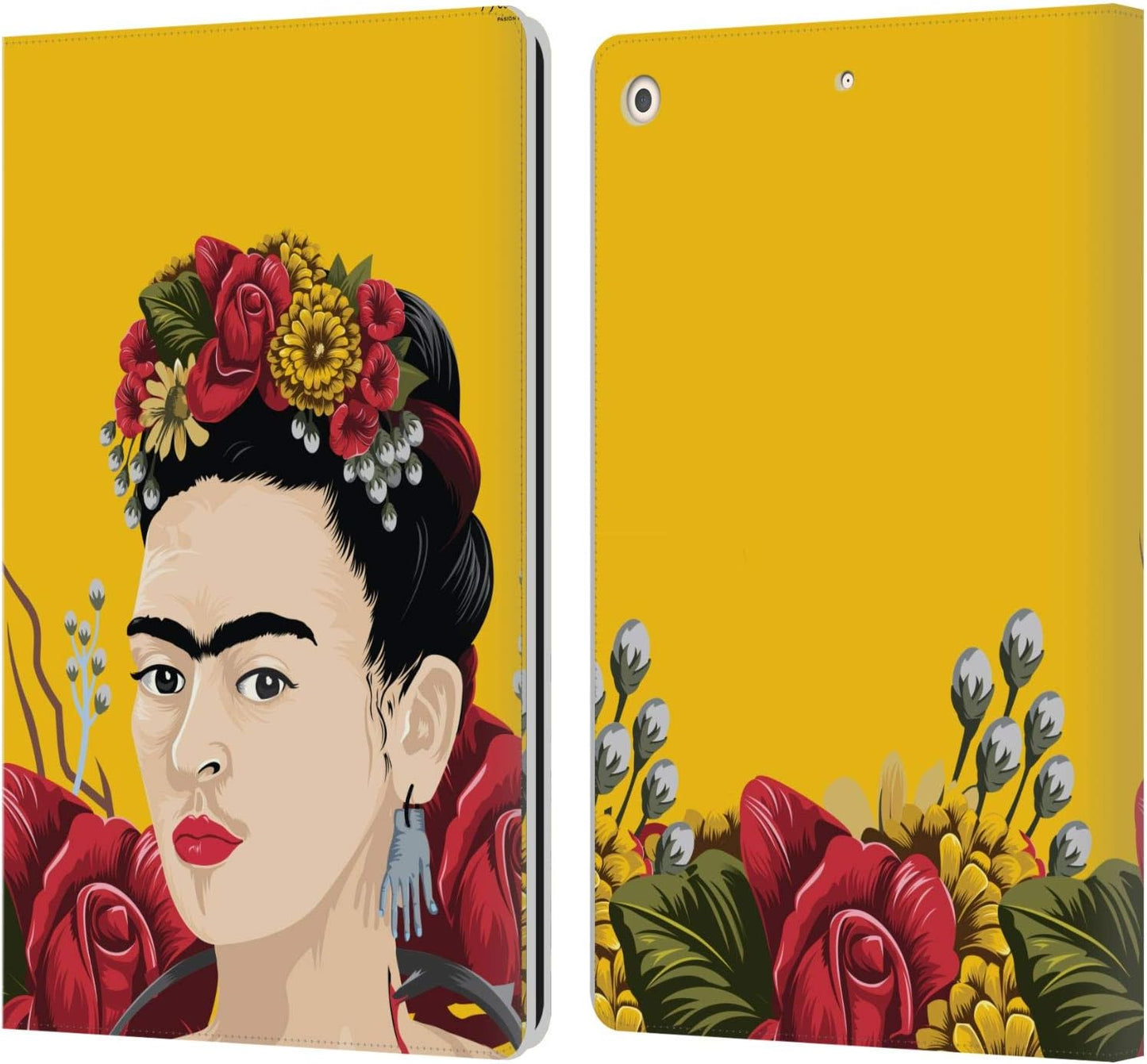 Frida Kahlo Portrait Red Florals Leather Wallet Case for iPad