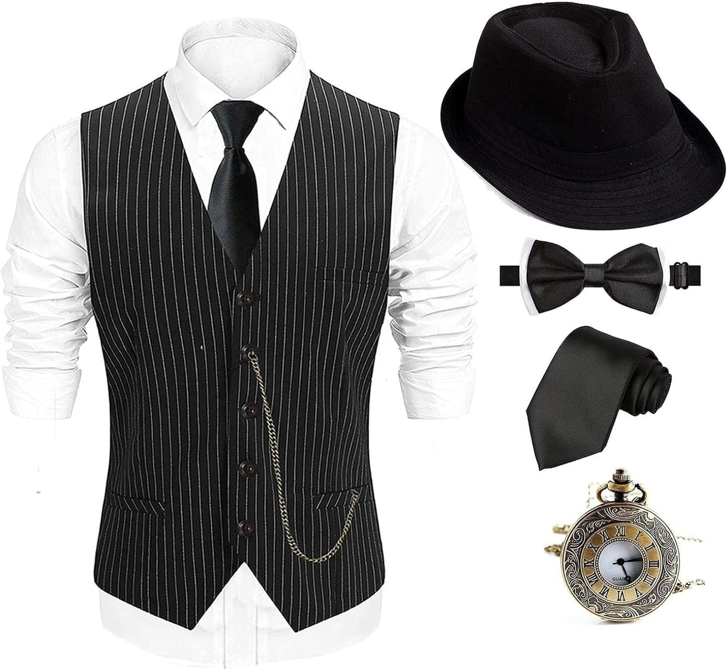 1920s Mens Fedora Hat and Gangster Costume Accessory Set