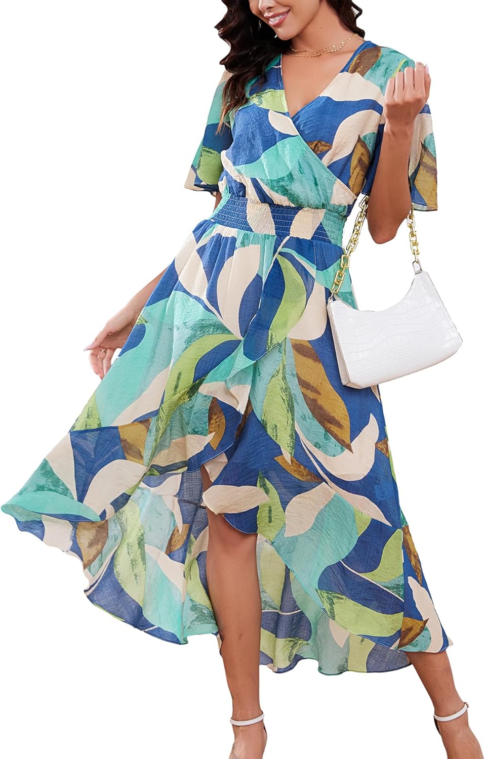 Kormei Womens Floral Maxi Dress High Low V-Neck for Parties