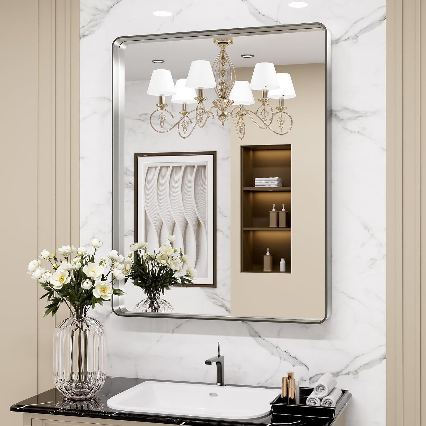 Brushed Nickel Bathroom Mirror with Rounded Rectangle Design