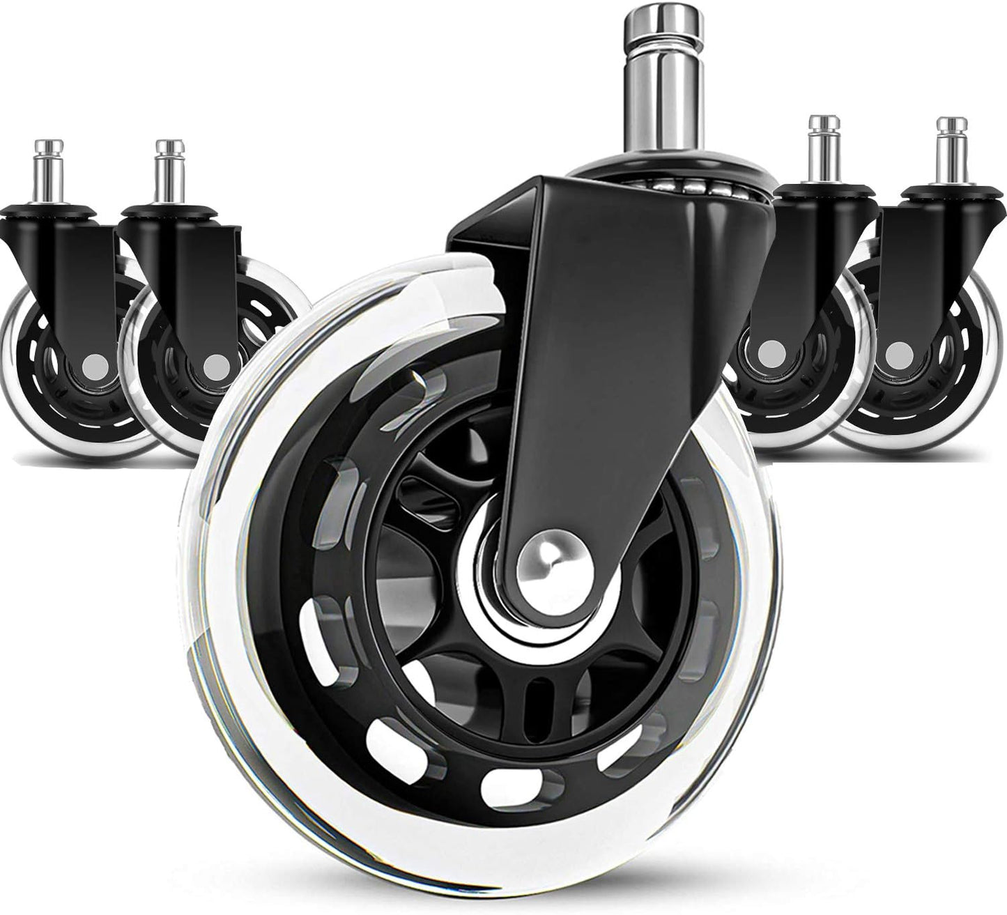 Smooth Rolling 3'' Office Chair Wheels (Set of 5) - Safe on Hardwood - Universal Stem - Black