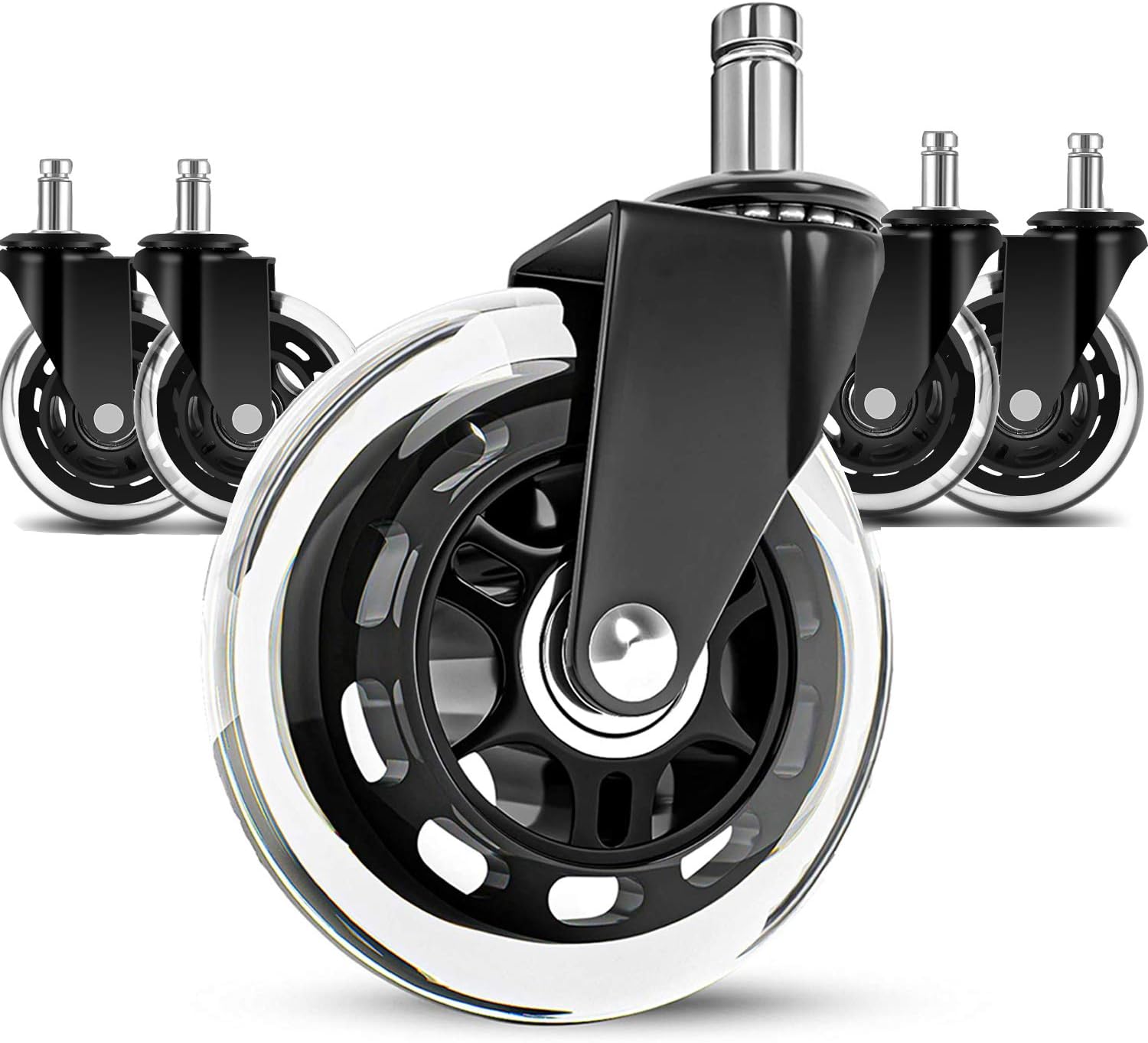 Smooth Rolling 3'' Office Chair Wheels (Set of 5) - Safe on Hardwood - Universal Stem - Black
