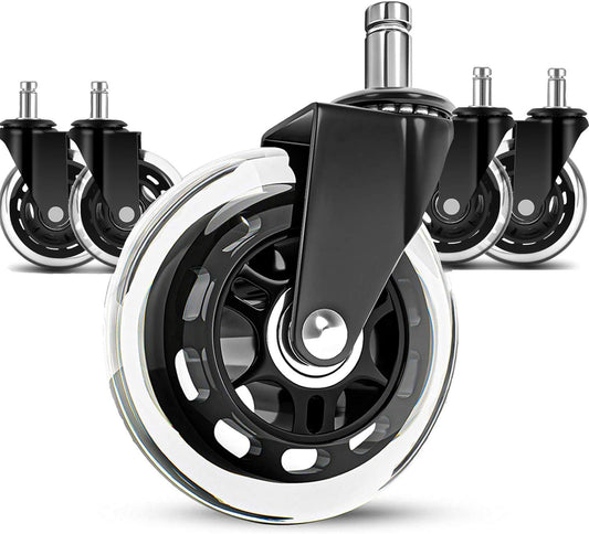 Smooth Rolling 3'' Office Chair Wheels (Set of 5) - Safe on Hardwood - Universal Stem - Black