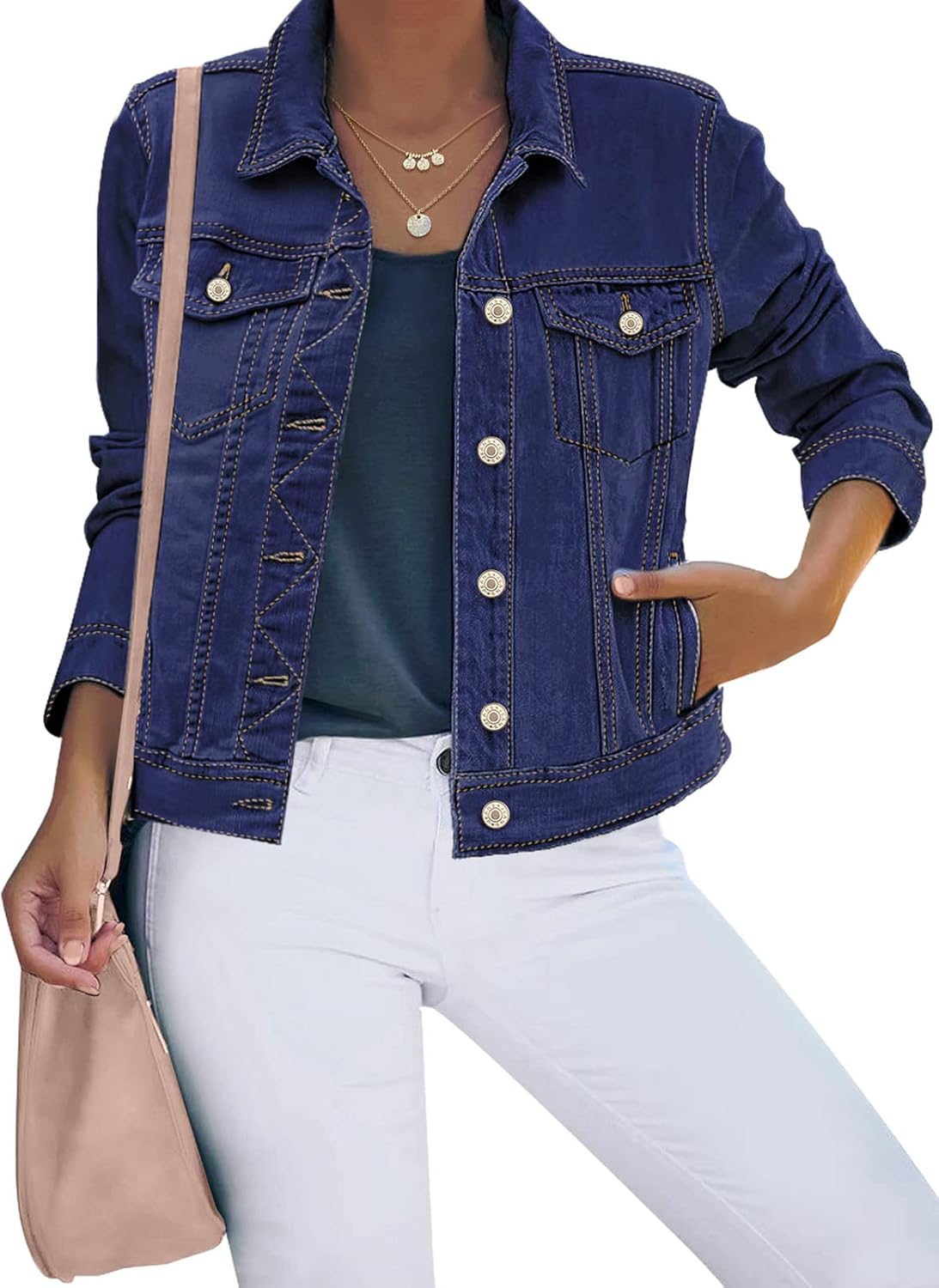 Luvamia Women's Basic Button Down Stretch Fitted Denim Jacket