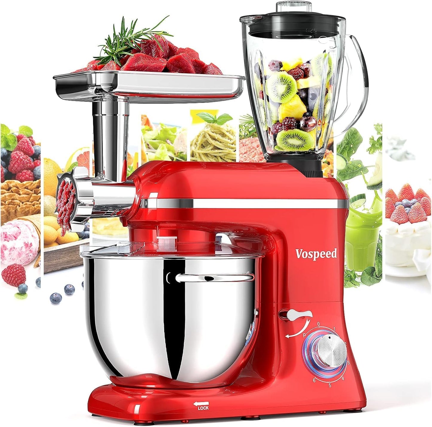 Vospeed 9 IN 1 Stand Mixer with 850W Power and 8 QT Bowl