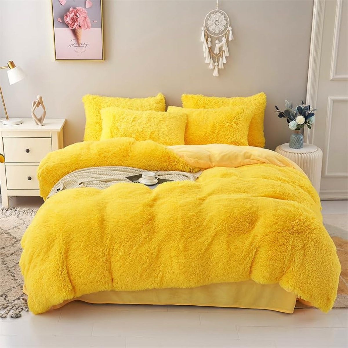 Chovy Faux Fur Plush Bright Yellow Comforter Set for Twin Beds