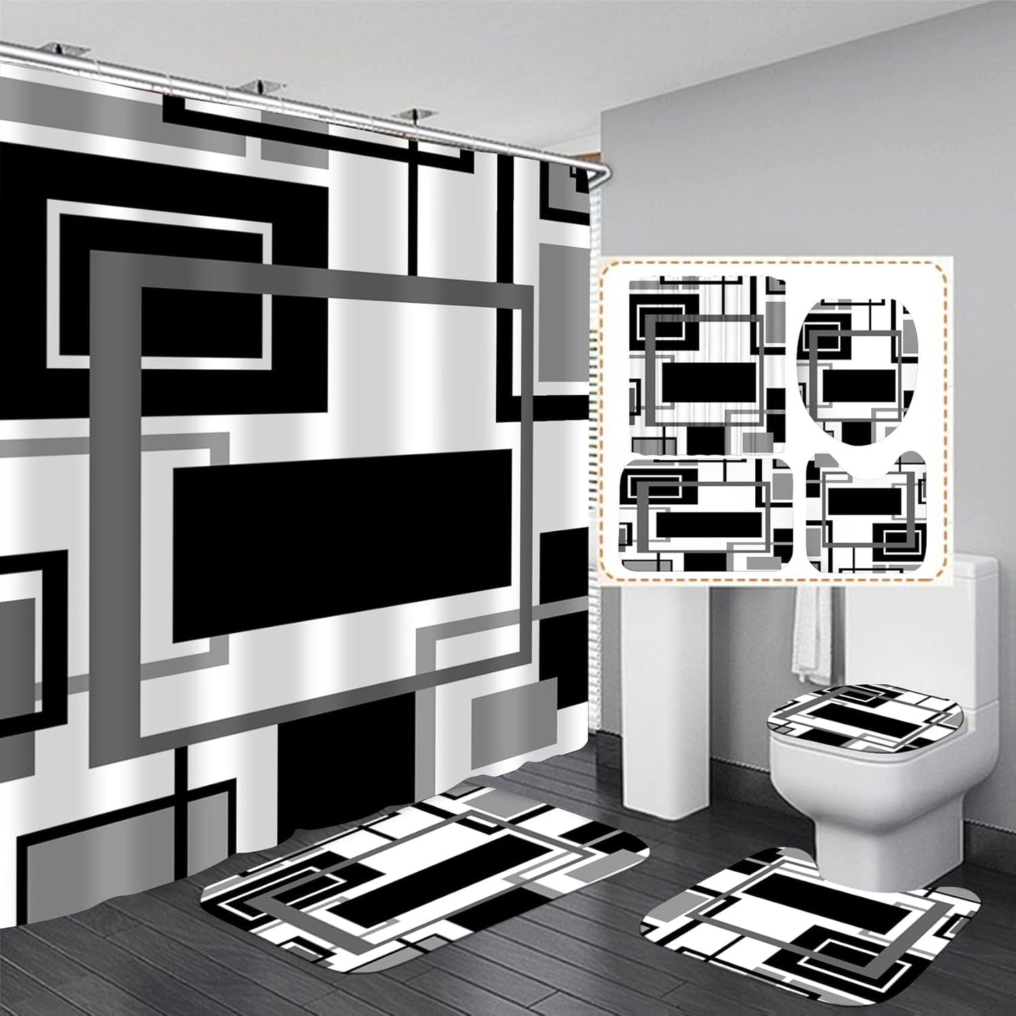 Modern Black Geometric Bathroom Set + Non-Slip Rugs