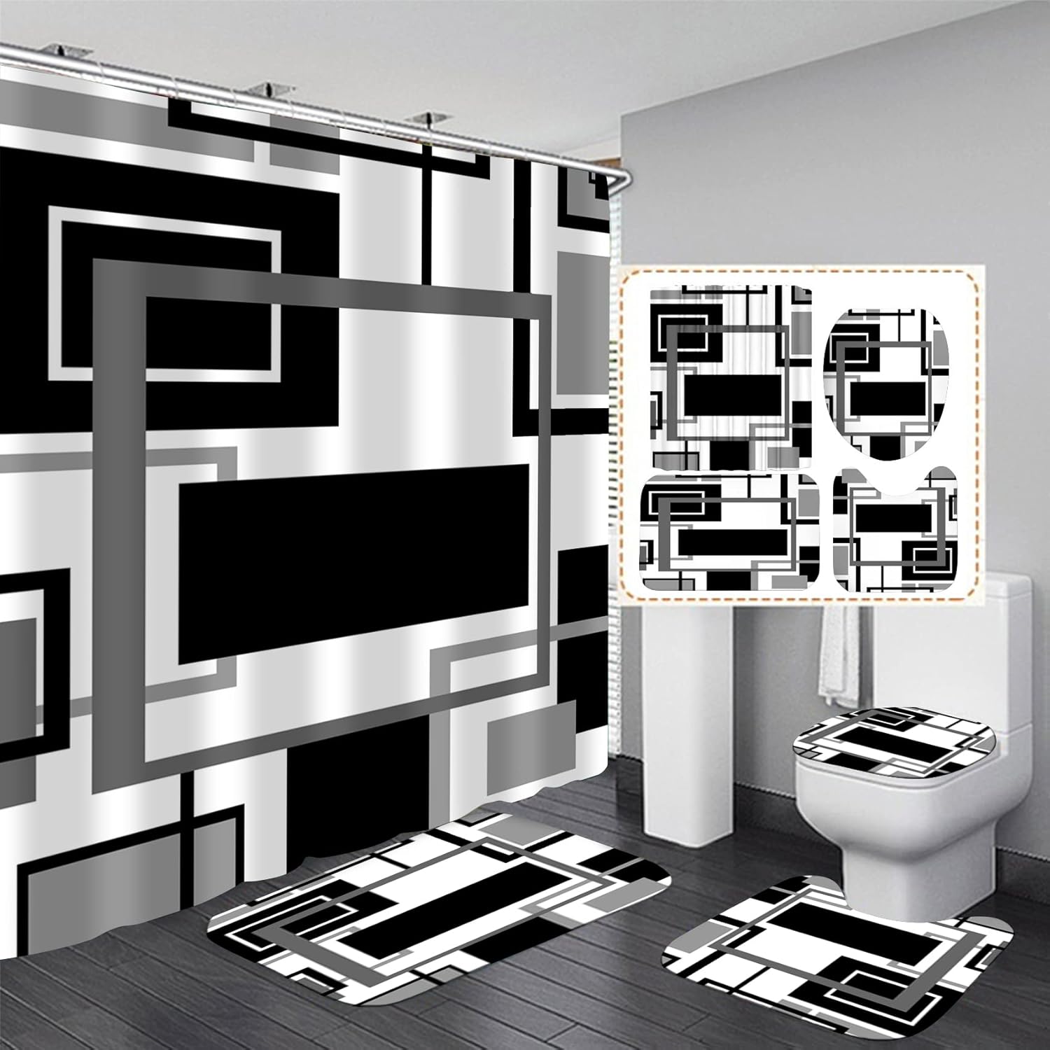 Modern Black Geometric Bathroom Set + Non-Slip Rugs