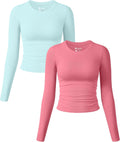 Womens 2 Piece Long Sleeve Ruched Stretch Fitted Tee - Soft Nylon
