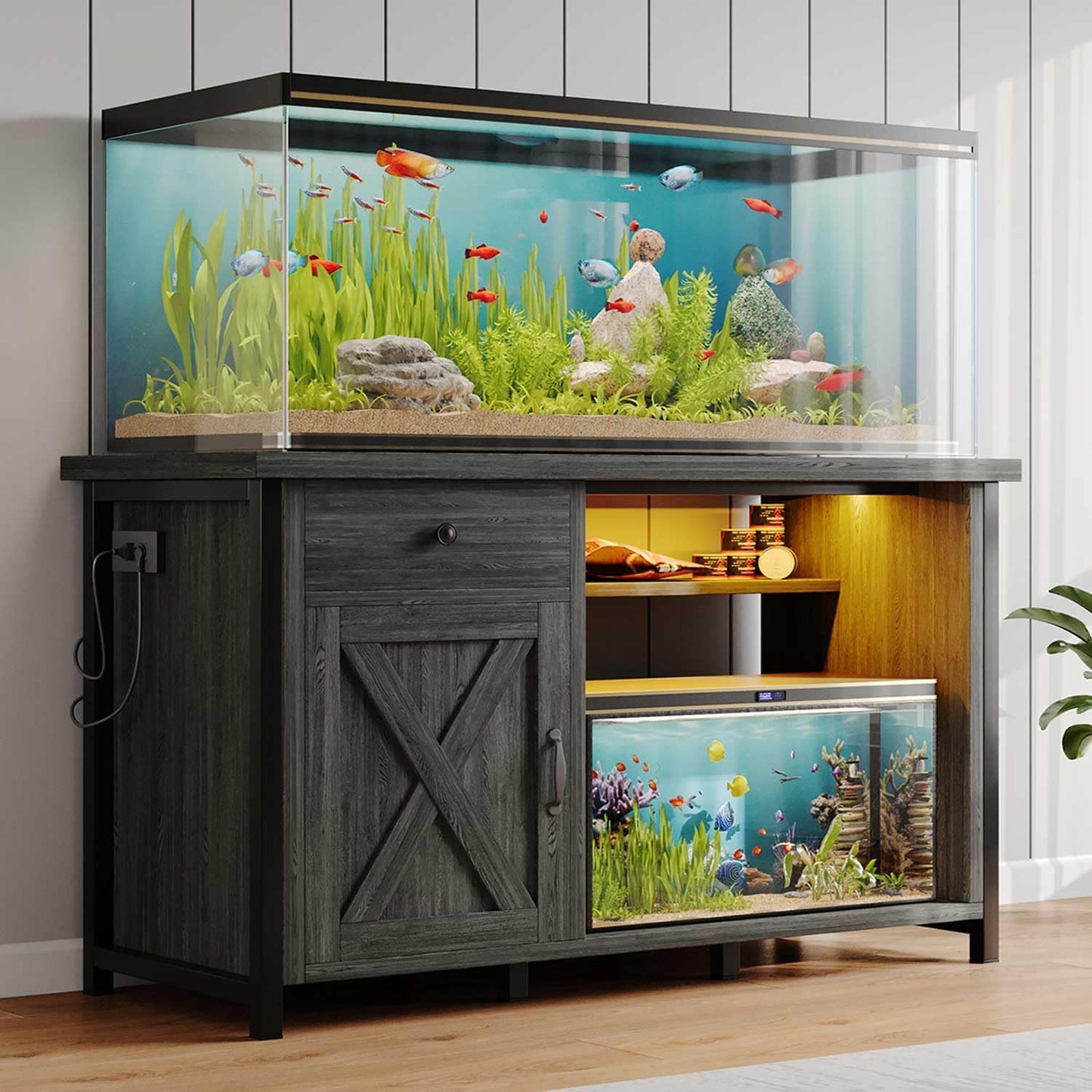 55-75 Gallon Fish Tank Stand with Power Outlets and LED Light