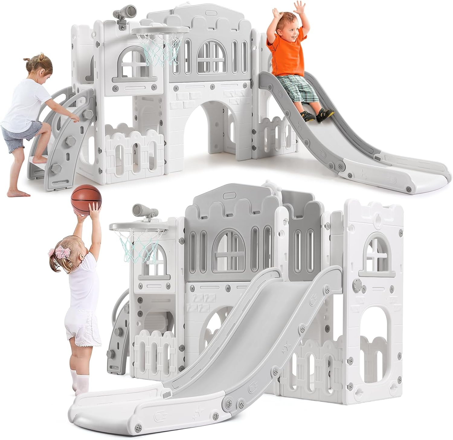 8 in 1 Toddler Indoor Playground with Slide and Basketball Hoop