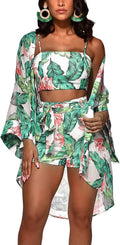 Women 3 Piece Floral Kimono Beach Cover Up Set - Vacation Ready