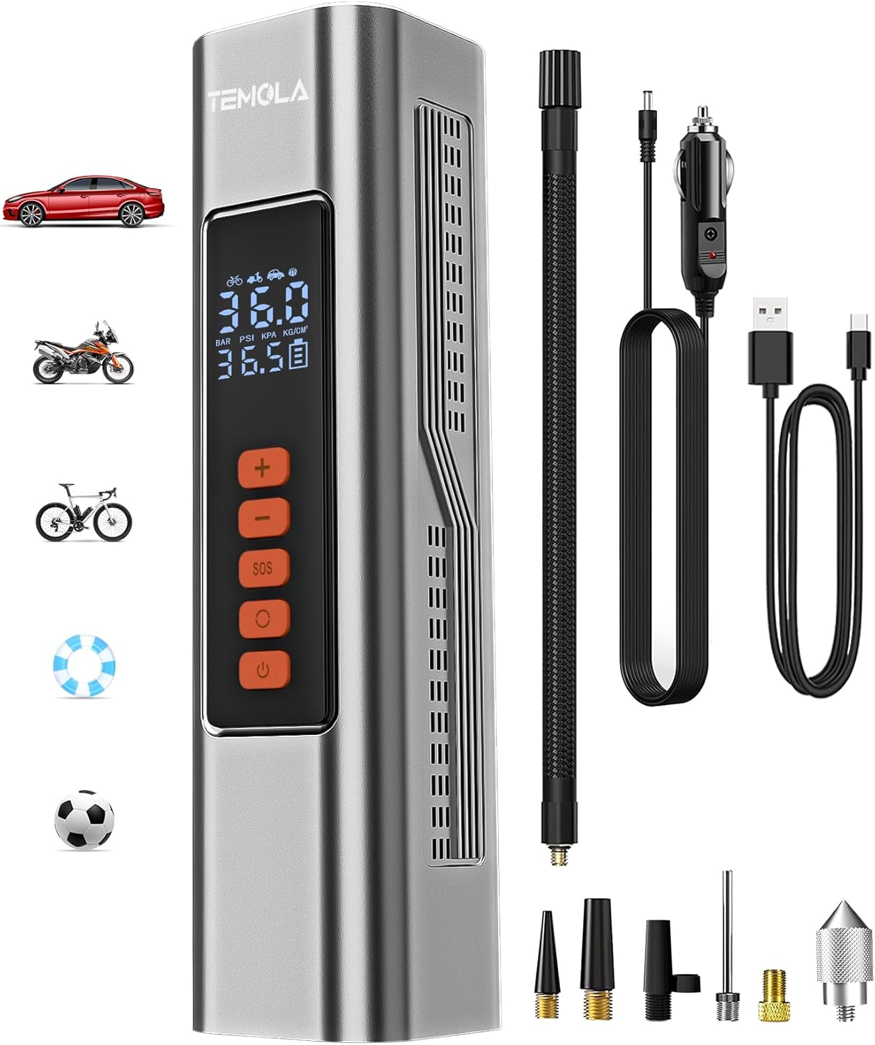 TEMOLA Portable Tire Inflator: 150PSI Power Pump