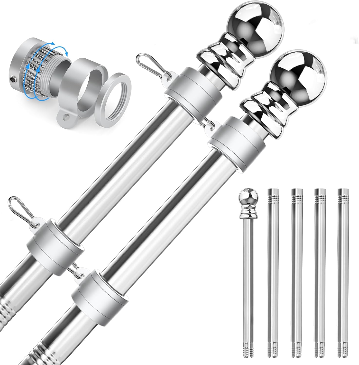 2 Set 304 Stainless Steel Flag Poles for Outdoor Use, 6 FT
