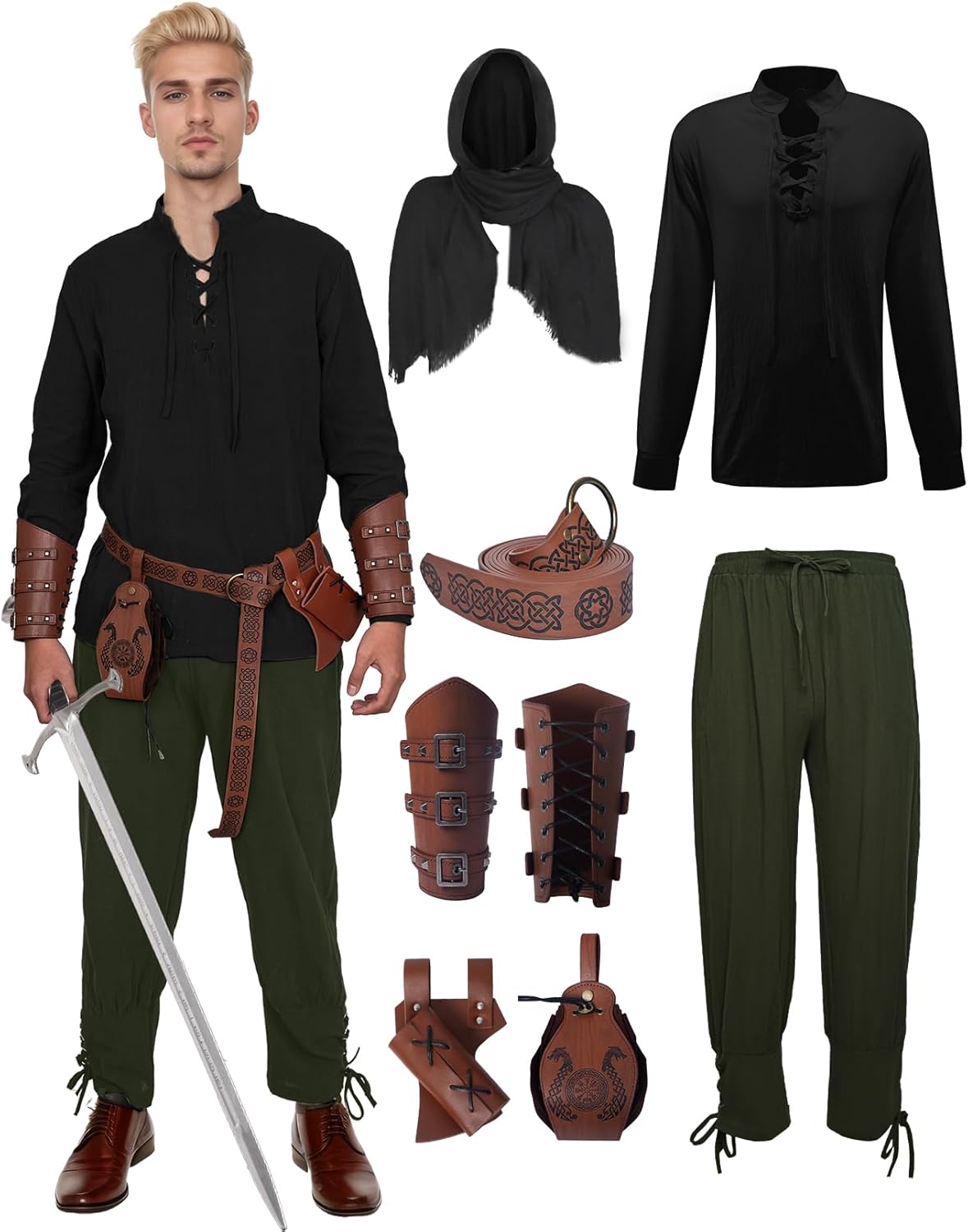 7 Pcs Men's Renaissance Costume Set for Medieval Pirate Look