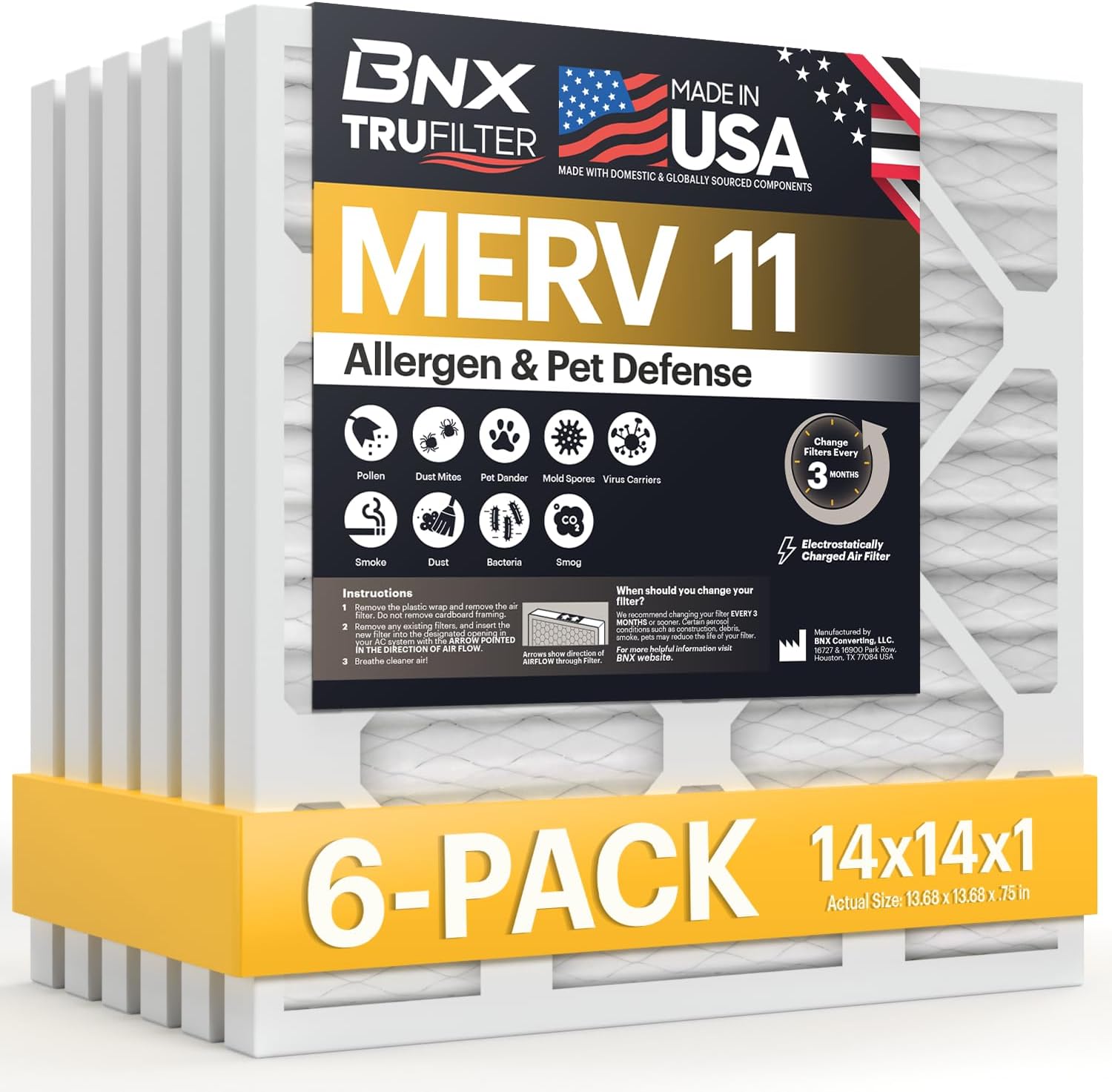 BNX TruFilter 14x14x1 Air Filters - MERV 11 (6-Pack) - Made in USA - Allergen Defense + Electrostatic Pleated