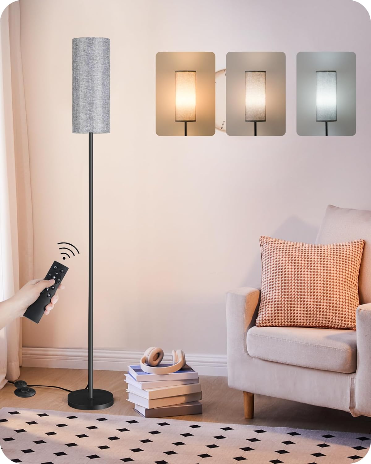 Dimmable Gray Floor Lamp with Remote for Living Room and Bedroom