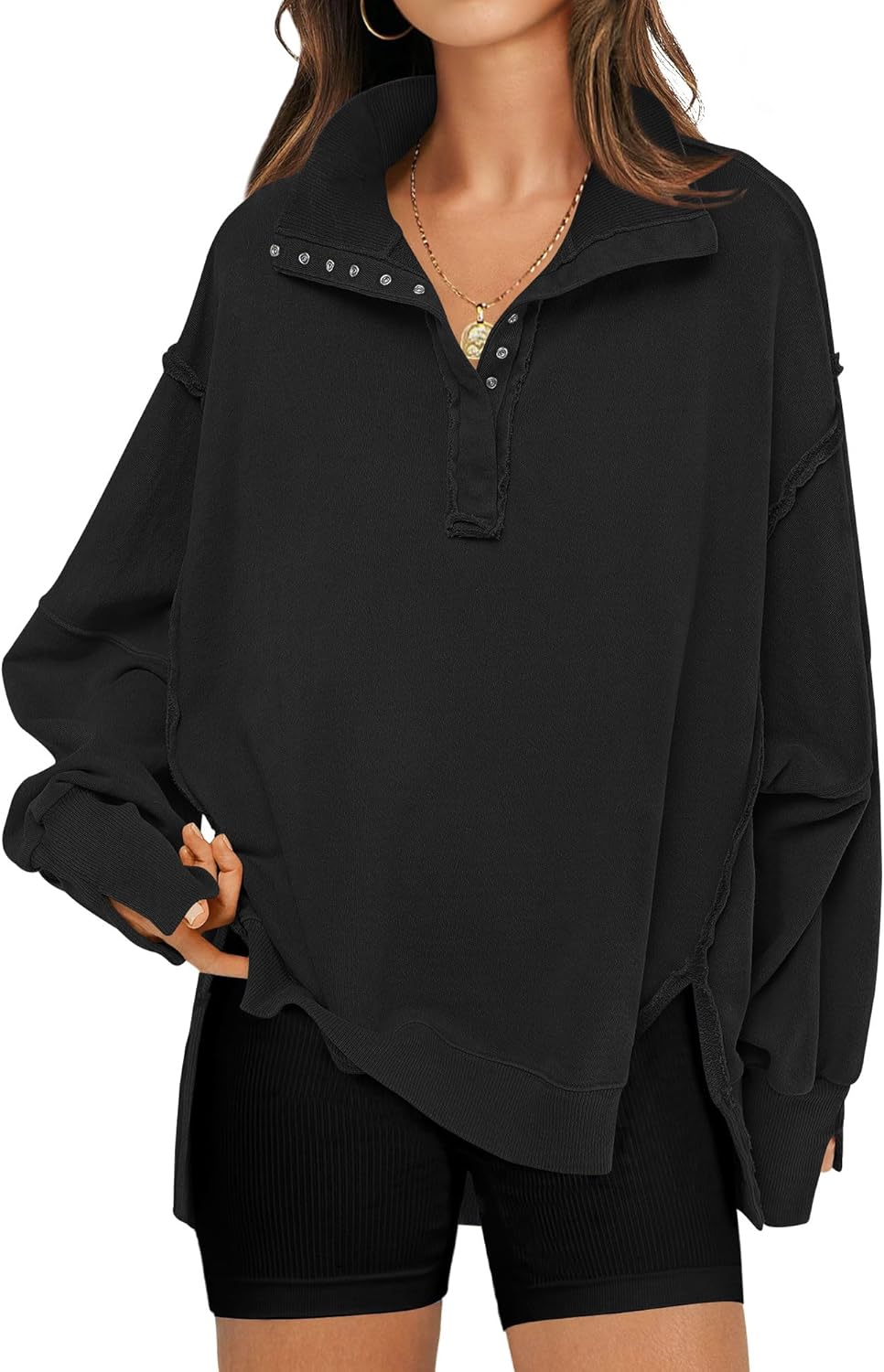 Trendy Oversized Sweatshirt for Women with Button Henley Neck