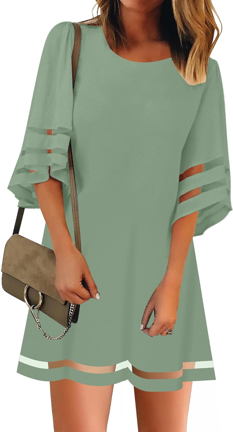 LookbookStore Women Casual Crewneck Mesh Panel Tunic Dress