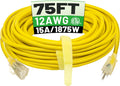 12/3 75 ft Outdoor Extension Cord Waterproof Heavy Duty - Long