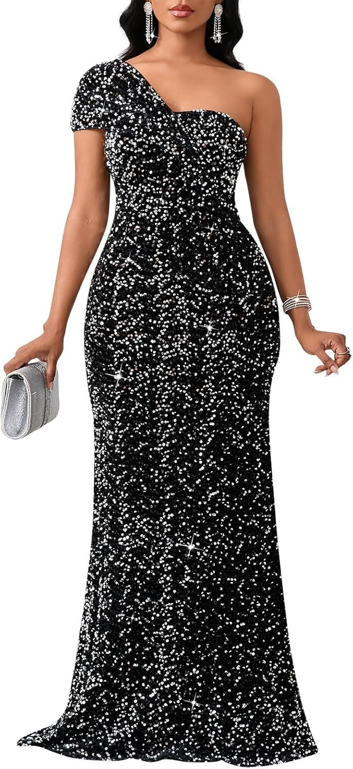 Cololura Women Sexy Sequin One Shoulder Mermaid Evening Dress