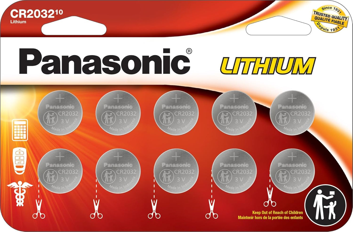 Panasonic CR2032 3V Long Lasting Coin Batteries, 10 Pack