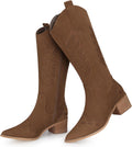 Suede Knee High Cowgirl Boots for Women - Comfort Low Heel Black