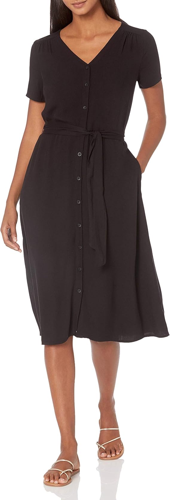 Stylish Women's Short-Sleeve Midi Button Front Tie Dress