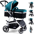 Blue Baby Stroller with Reversible Seat and Bassinet Mode