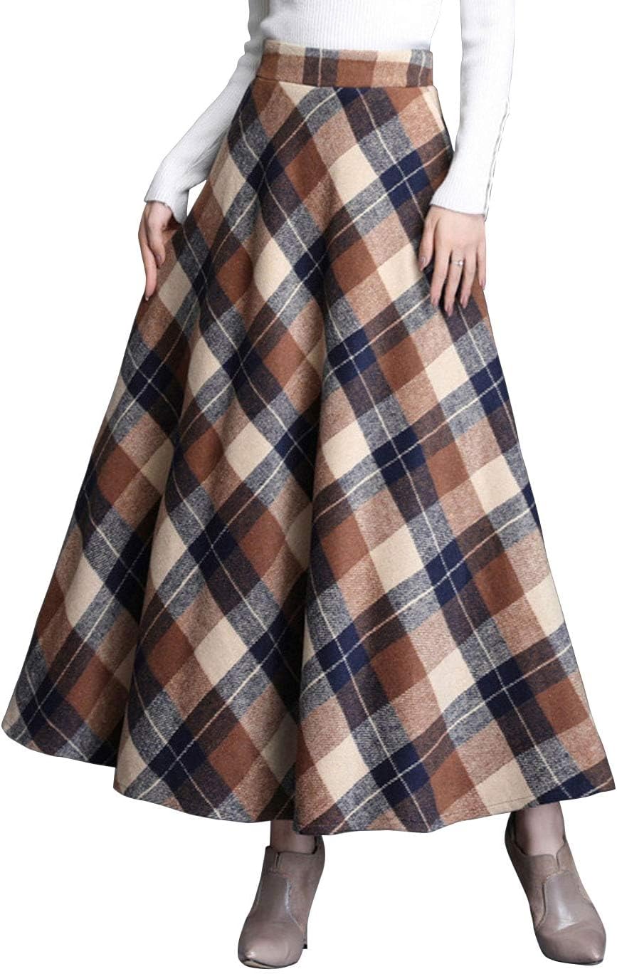ebossy Women's Vintage High Waist Wool Blend Plaid Maxi Skirt