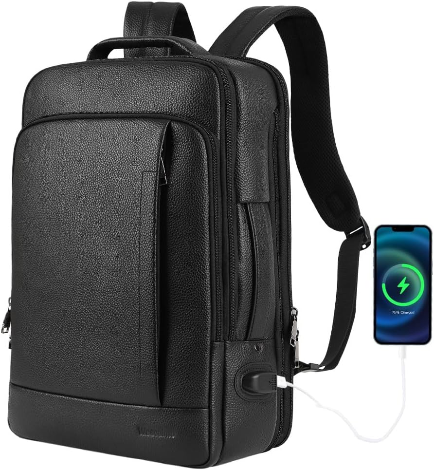 Full Grain Leather Backpack for Men with USB Charging Port