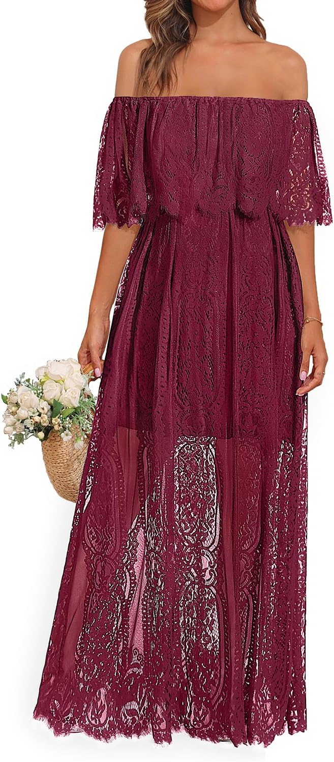 Holipick Women's Off Shoulder Lace Maxi Dress for Weddings