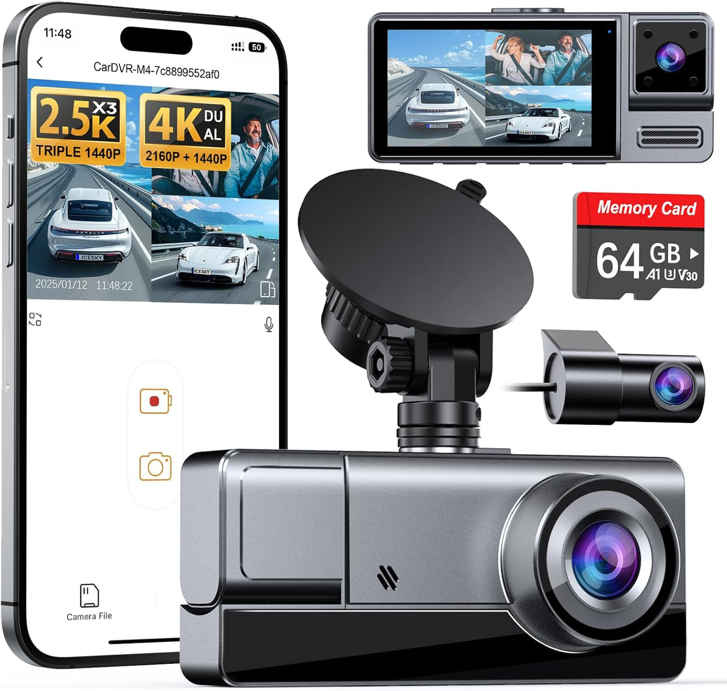 Icesky Three Channel Dash Cam with WiFi 6 and 24H Parking Mode