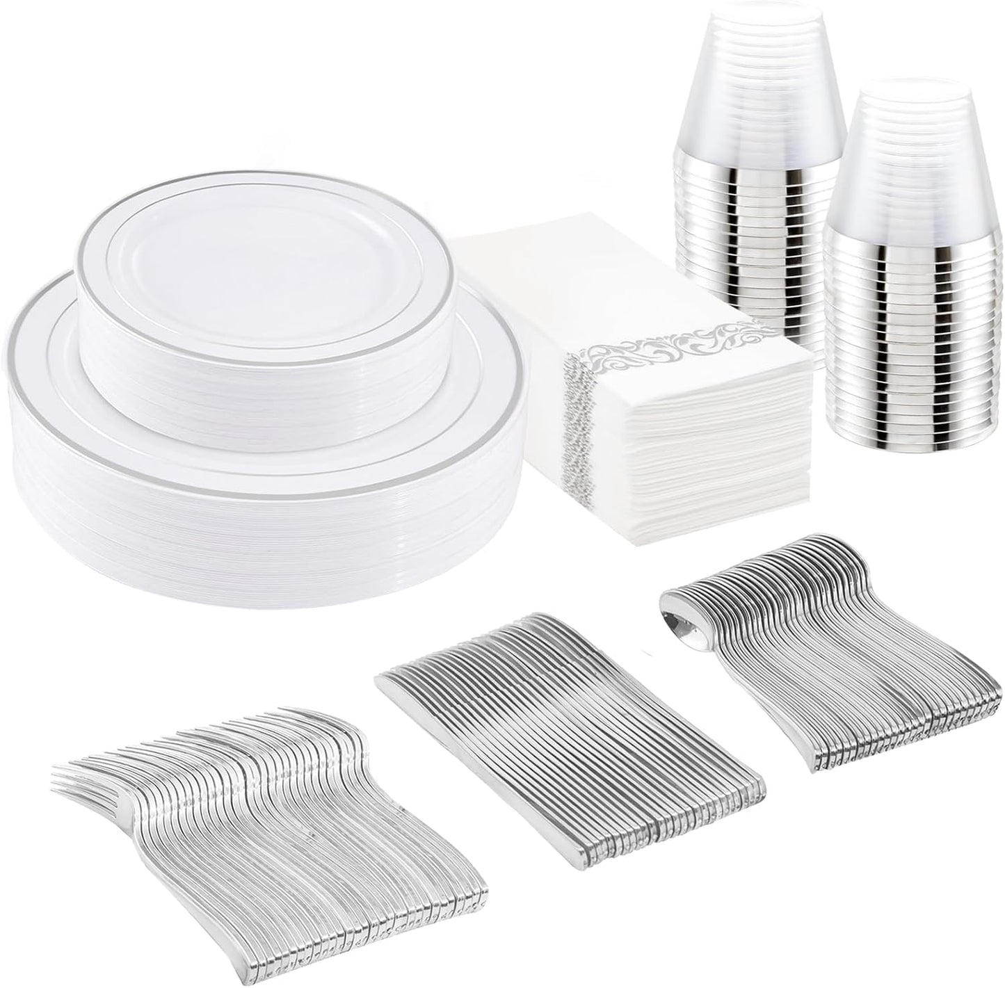 175Pcs Silver Plastic Dinnerware Set for Elegant Parties
